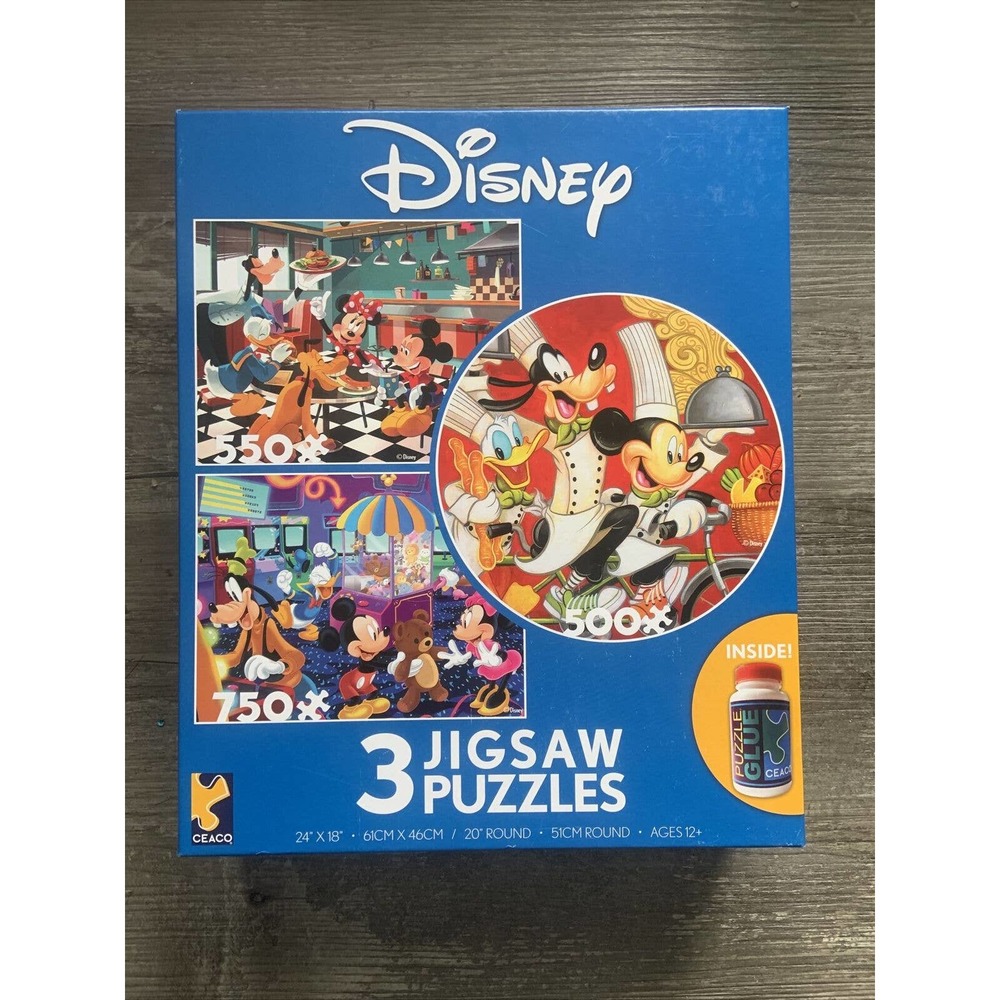 Ceaco 3-in-1 Disney Jigsaw Puzzles - Mickey, Minnie, Donald With Glue NEW